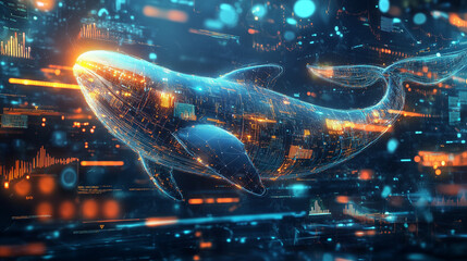 Digital Whale Representing Crypto Wealth Amidst Financial Data