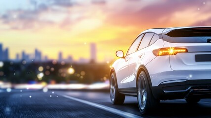 A luxury car driving along an urban road at sunset with a city skyline in the background and glowing lights