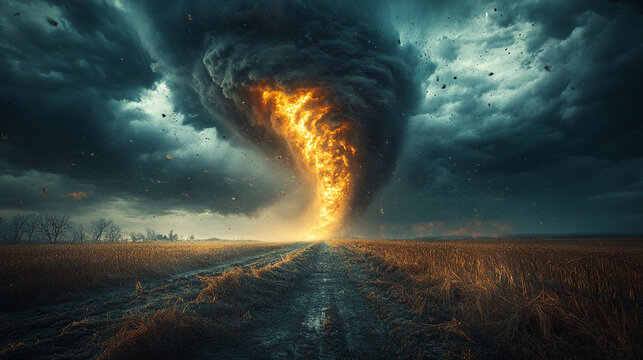 dark tornado cloud looms ominously over the landscape, symbolizing nature's raw power and unpredictability. The swirling storm embodies destruction, chaos, and the unstoppable force of weather