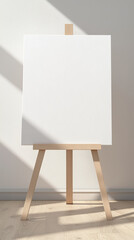 Large Blank White Canvas on Wooden Easel with Soft Shadows in Minimalist Studio