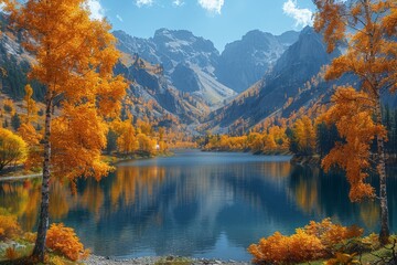 Obraz premium Scenic autumn landscape of lake kolsai in kazakhstan s almaty region with vibrant foliage