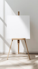 Large Blank White Canvas on Wooden Easel with Soft Shadows in Minimalist Studio