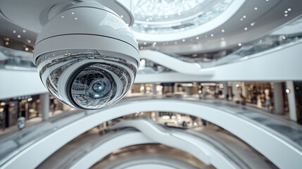 sleek, modern white security camera mounted on a ceiling, symbolizing surveillance, safety, and technology. The camera's clean design reflects reliability and vigilance in maintaining secure environme