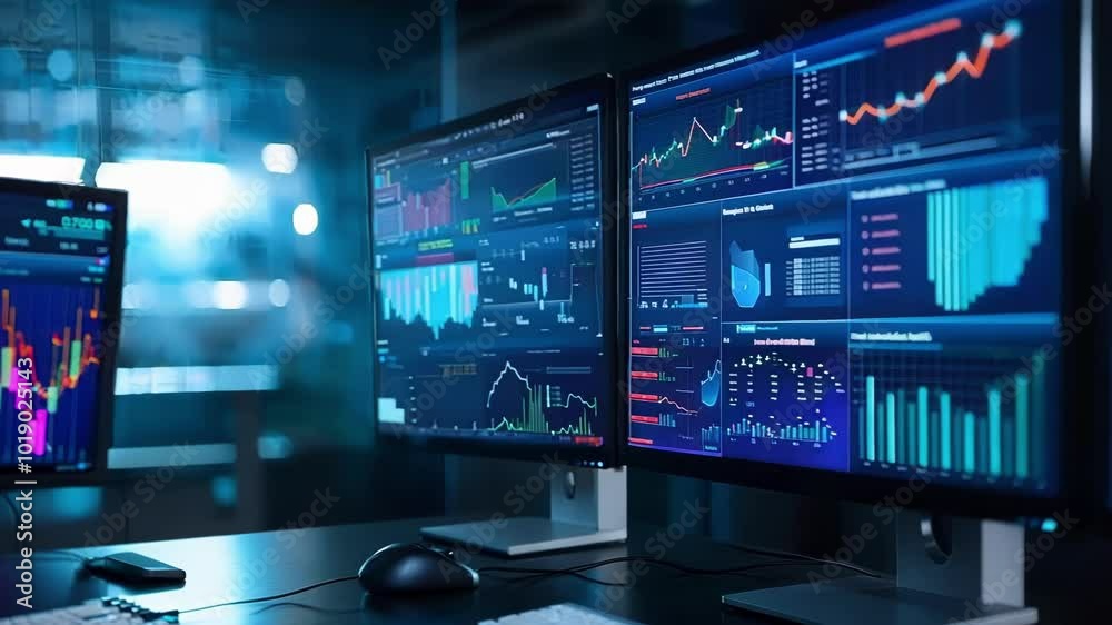 Poster multiple computer monitors are displaying various data points, charts, and graphs in an office setti