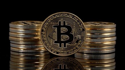 A stack of gold Bitcoin cryptocurrency coins on a black background.