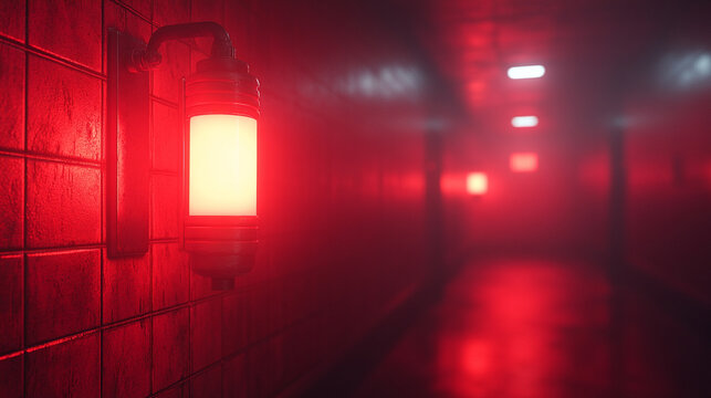 red siren light mounted on a ceiling or wall, symbolizing alertness, danger, or emergency. The empty background highlights the starkness of the signal, evoking urgency and vigilance