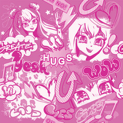 Abstract seamless pattern with anime grl eyes, graffiti words, pop art and comics elements. Repeat print for girl textile, backpack, fashion clothes. Anime eyes, hearts, arrows, grunge backgroun