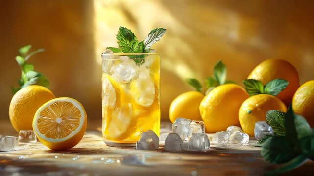 A glass of refreshing lemonade with ice cubes, fresh lemons, and mint leaves in a bright summer setting