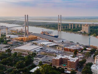 Buildings in the North Historic District, the Savannah river and the  Talmadge Memorial Bridge in...