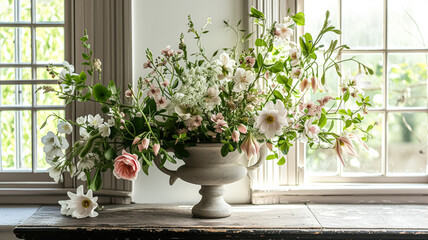 Spring flowers in vintage vase, beautiful floral arrangement, home decor, wedding and florist design