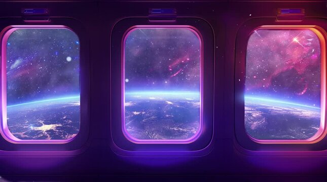 Spaceship window revealing a breathtaking landscape of a vibrant planet and galaxy, capturing the essence of space exploration and a Seamless looping 4k time-lapse virtual video animation Generated AI