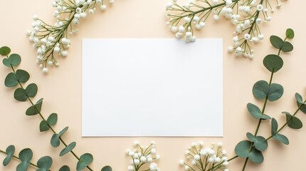 blank white card surrounded by sprigs of baby's breath and eucalyptus on a muted beige background