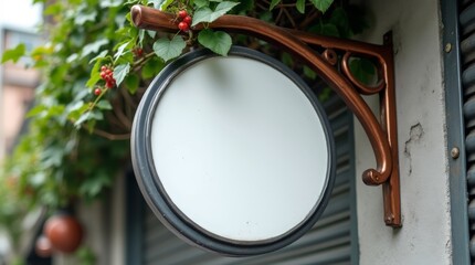 close-up shot of a blank circular storefront sign with a white face and dark gray border