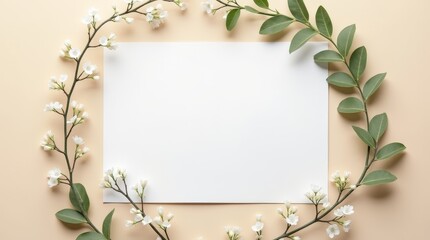 blank white card surrounded by sprigs of baby's breath and eucalyptus on muted beige background