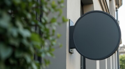 dark gray, circular sign mounted on the side of a light gray building