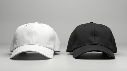 Two blank baseball caps, one white and one black, positioned side-by-side on a gray background