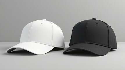 Two blank baseball caps, one white and one black, positioned side-by-side on a neutral gray background