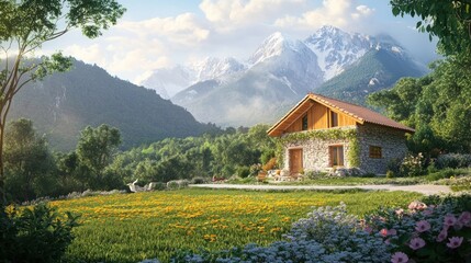 Fototapeta premium A charming stone and wood chalet nestled in a lush valley, with snow-capped mountains in the background and a field of wildflowers in the foreground.