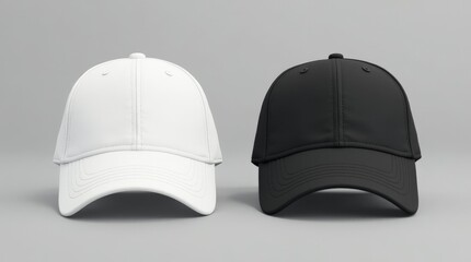 Two blank baseball caps, one white and one black, positioned side-by-side on neutral gray background