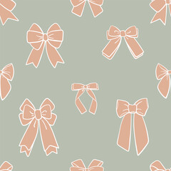 Pink bows on gray-green background seamless pattern