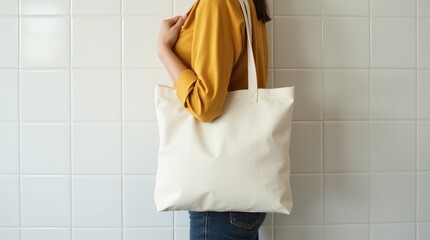 woman wearing mustard yellow blouse and dark denim jeans stands against white tiled wall