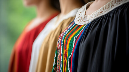 A close-up of traditional attire from various cultures displayed beautifully. Cultural attire.


