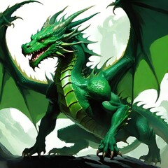Fototapeta premium The image of a dangerous dragon with green scales and a yellow underbelly