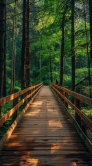 Obraz premium A wooden walkway invites exploration through a lush forest under a bright sunny sky