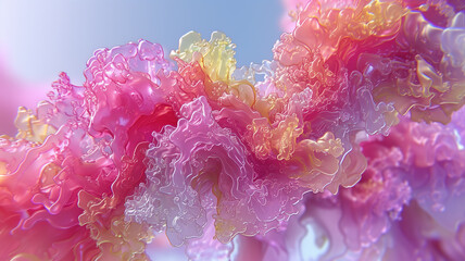 Abstract pink and purple shapes with water droplets, macro photography, abstract background, close-up of organic forms, water reflection, artistic composition