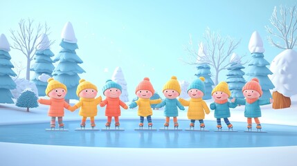 A group of adorable children, dressed in colorful winter coats and matching beanies, stand together on the edge of a frozen pond, ready to ice skate.