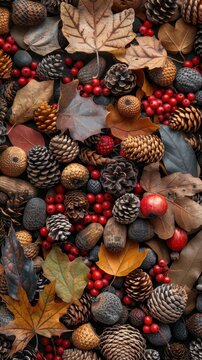 A colorful mix of autumn leaves, pine cones, acorns, and berries for festive decor