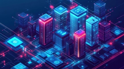 An isometric illustration of a futuristic cityscape with glowing buildings connected by digital lines.