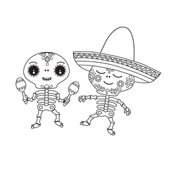 Cute cartoon illustration of dancing Mexican skeletons