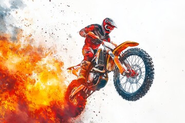 Adventurous Motorbike Jump in Fiery Explosion with Vibrant Colors