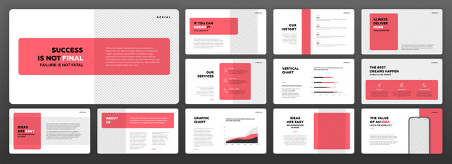 Creative Powerpoint presentation template set. Modern Keynote presentation background, brochure cover design, brand guidelines, proposal presentation, annual report, company profile, pitch deck.