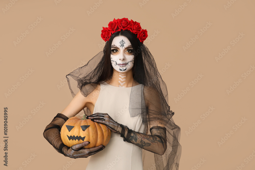 Poster Beautiful young woman dressed as dead bride for Halloween party with pumpkin on beige background