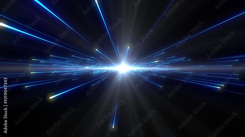 Wall mural bright radial light beams. abstract background in blue neon glow color. light burst in universe. spa