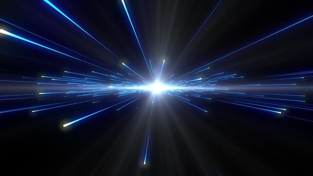 Bright radial light beams. Abstract background in blue neon glow color. Light burst in universe. Space background for event, party, carnival, celebration, anniversary or other.