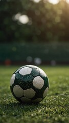 Close-up cinematic and bokeh shot of soccer ball on green soccer field