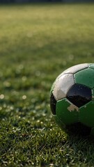 Fototapeta premium Close-up cinematic and bokeh shot of soccer ball on green soccer field