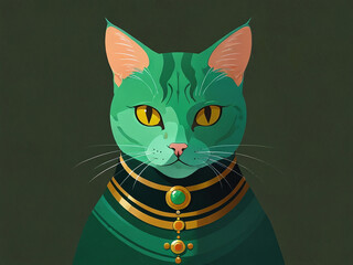 Whimsical Green Cat Portrait with Elegant Gold Accents, Modern Art Style for Creative Decor, Unique...