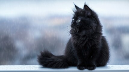 Curious black cat on windowsill gazing outside on a rainy day