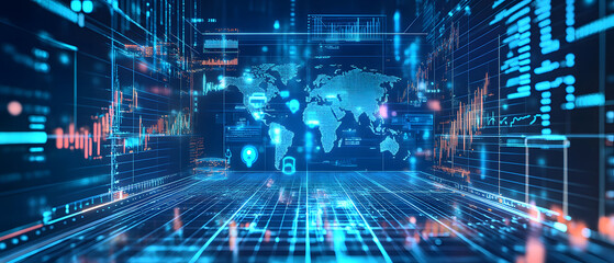 Creative wide online banking hologram on dark background design. Technology, fintech, and finance concept design. 3D Rendering design