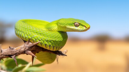 Fototapeta premium Bright green bush viper coiled on branch in nature