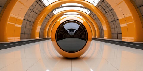 Golden Sphere in Futuristic Hallway: A shimmering golden sphere reflects the sleek, modern architecture of a futuristic hallway.