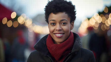 A woman in a stylish brown coat smiles at the camera, generative ai