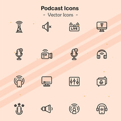 Icons illustrating additional elements of podcasting and audio production.
