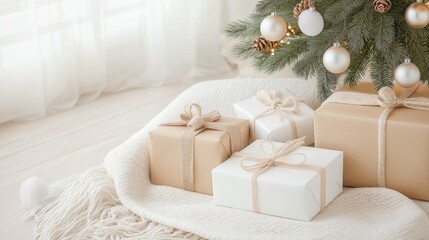Cozy holiday corner with christmas gifts under tree in small apartment