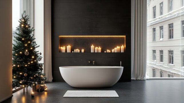 Luxurious Christmas Bathroom Retreat, Elegant black themed bathroom featuring a beautifully decorated Christmas tree, combining festive charm with sophisticated design for a serene holiday escape 