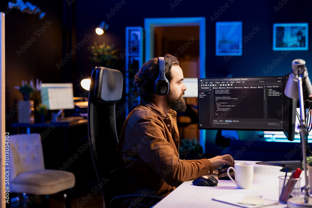 Poster freelancing programmer listening music while designing and developing software applications. it spec